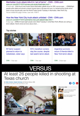 The stark contrast in how CNN reported the New York bike-path incident as an “act of terror” versus its description of the Texas church shooting (screenshot via Google)